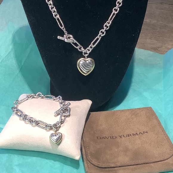 💖 David Yurman - Heart Charm Figaro Chain Toggle Necklace and Bracelet Set - Picture 2 of 13